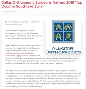 The All-Star Orthopaedics surgeons have been voted Top Docs and Best of 2019 in Southlake Style magazine.