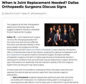 Dallas-Fort Worth orthopaedic surgeons shed light on common symptoms that indicate joint replacement surgery is necessary.