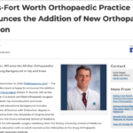 Dallas-Fort Worth Orthopaedic Practice Announces the Addition of New Orthopaedic Surgeon